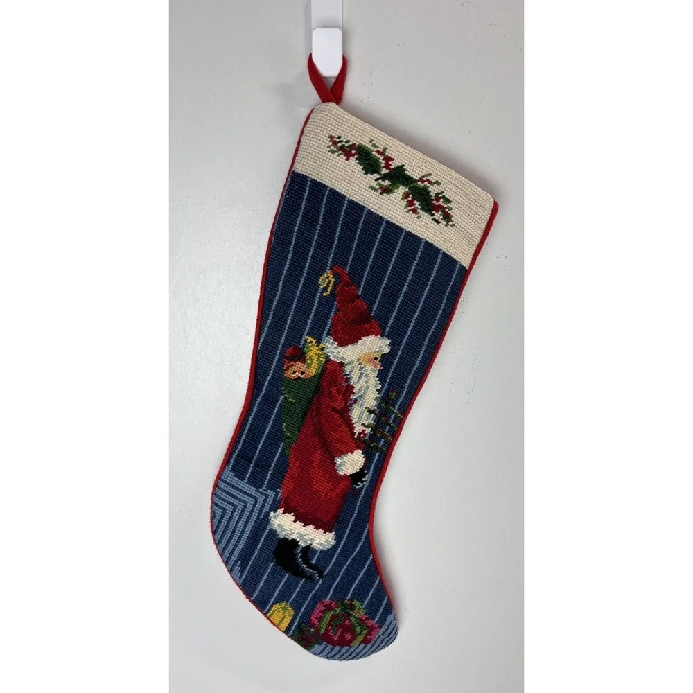 Needlepoint Christmas Stocking Santa Claus GUC